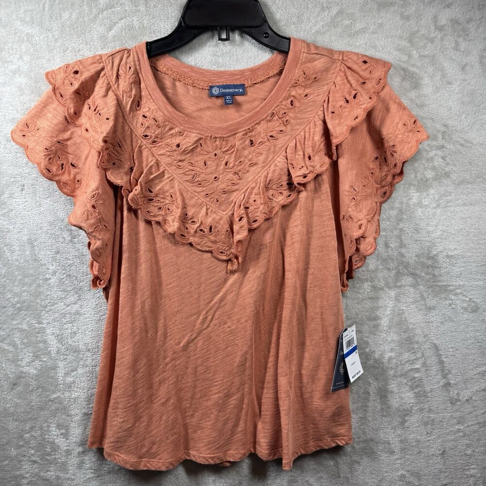 Democracy Women NEW Top XL Orange Short Sleeve Crew Neck Eyelet Ruffled Stretch